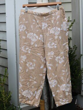 Alfred Dunner Petite Tan & White Floral Elastic Back Rayon Cropped Pants Sz 16P